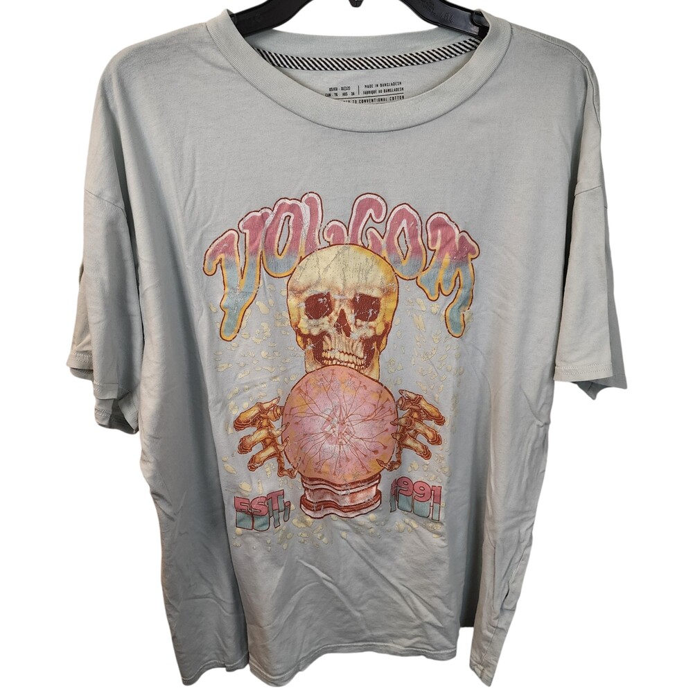 Volcom Stones Throw Graphic Tee Women XL Mint Green Organic Cotton Skull T-Shirt